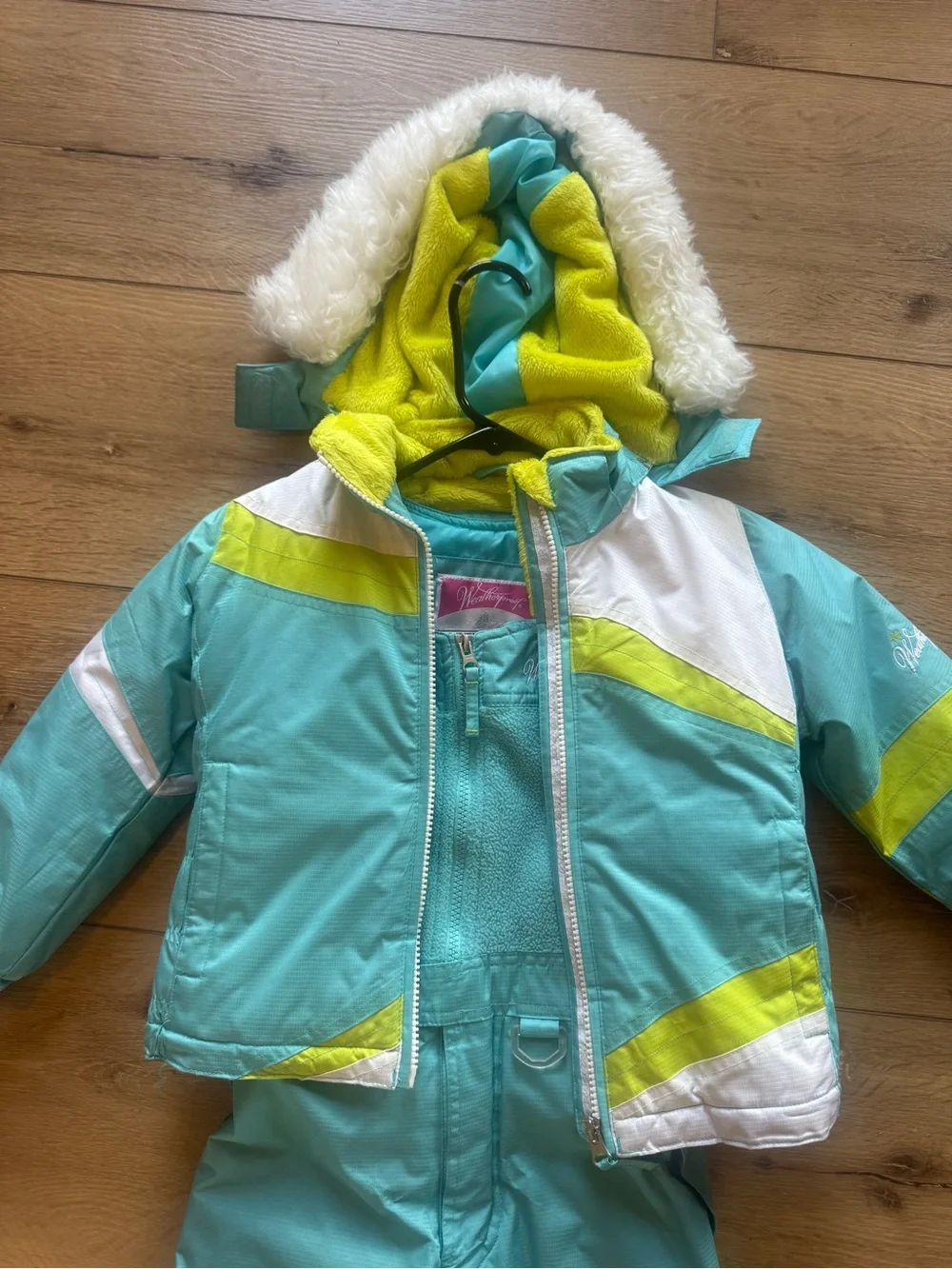 Weatherproof Kids Teal and Lime Snow Suit with Faux Fur Hood